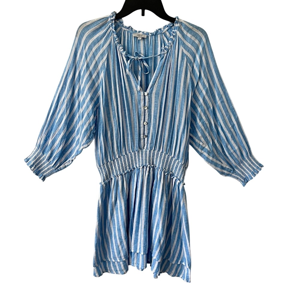 Rails Linen Blend Tiered Dress Striped Smocked‎ Waist Large Coastal Cottage